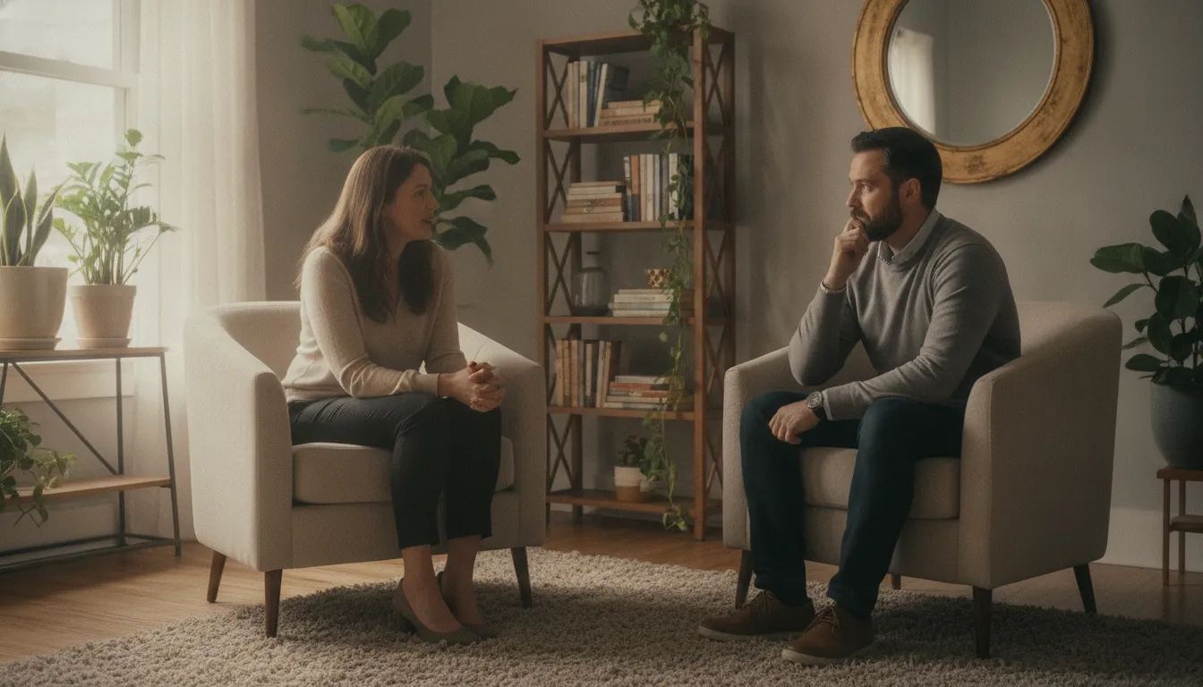 A therapist speaking compassionately with a client in a warm therapy office