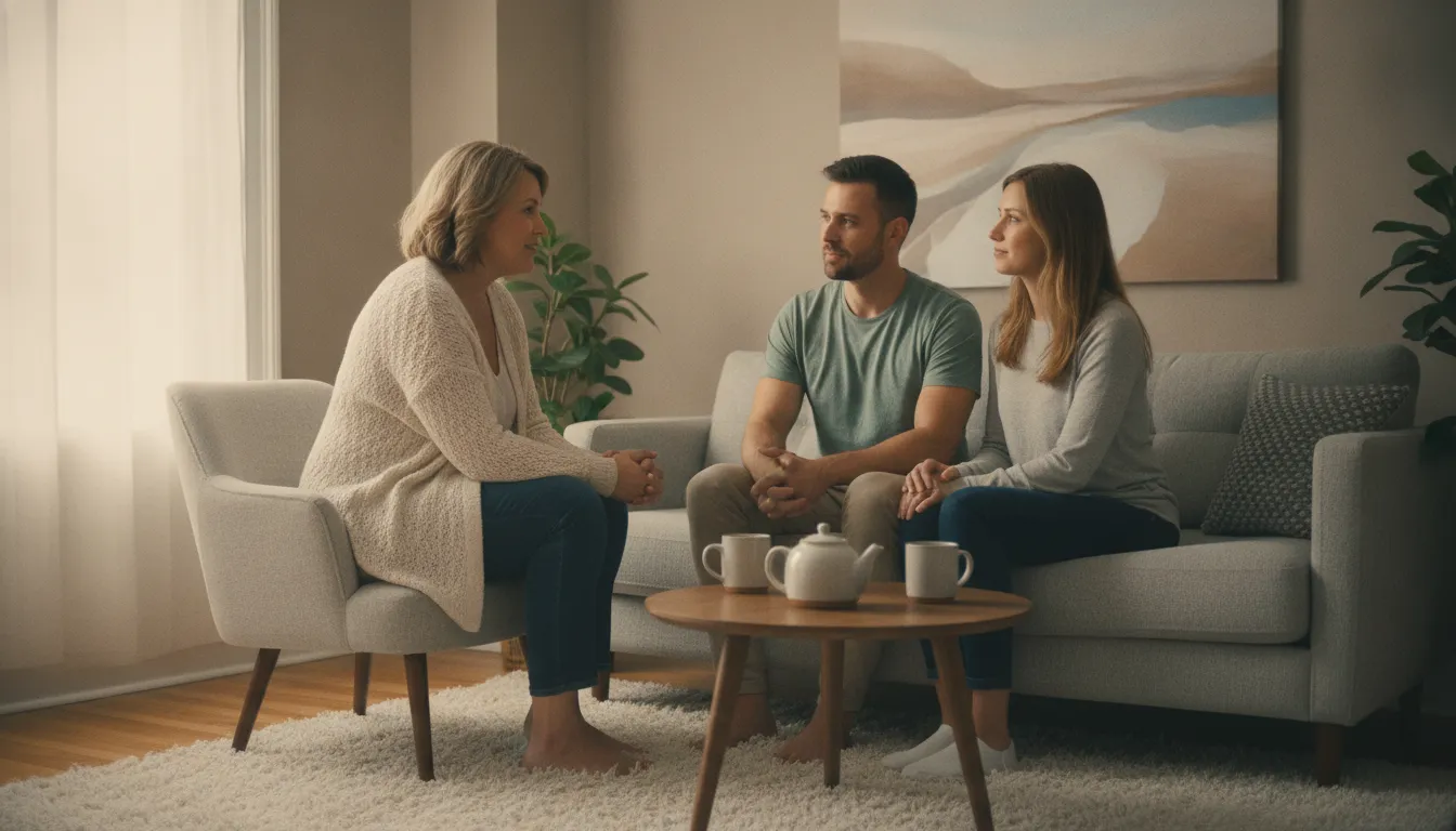 Couples therapist speaking warmly with two partners in a calm, bright counseling office