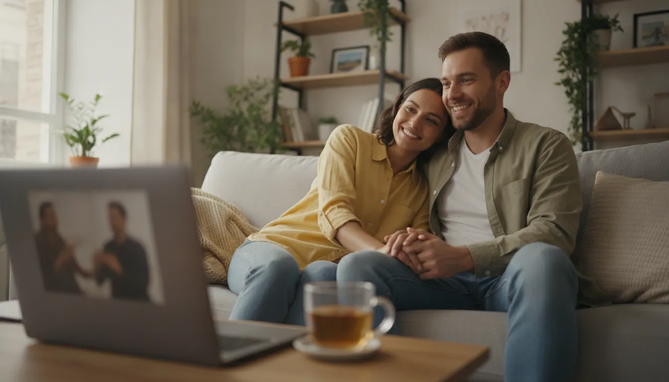 A couple talking with a licensed therapist during a telehealth marriage counseling session