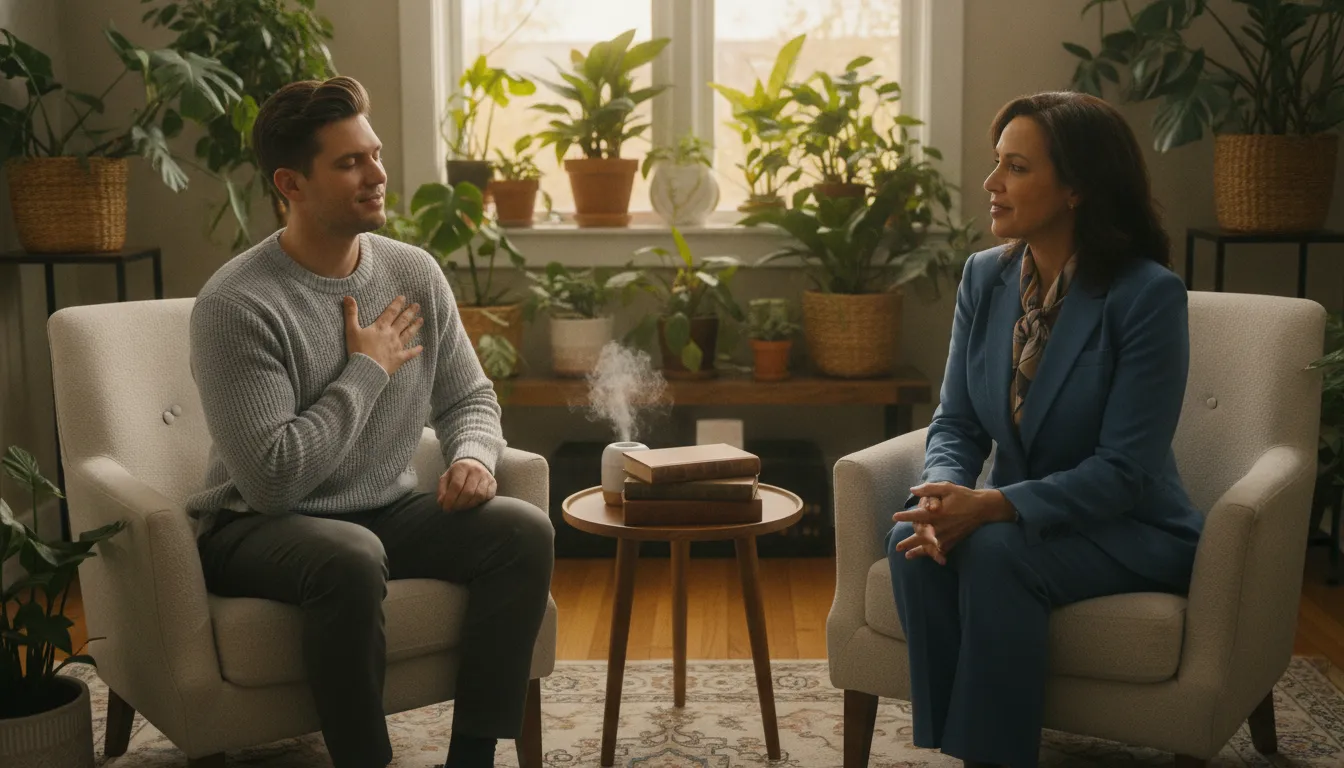 A warm, intimate therapy session where an individual reflects with a calm therapist in a cozy office, symbolizing Internal Family Systems healing