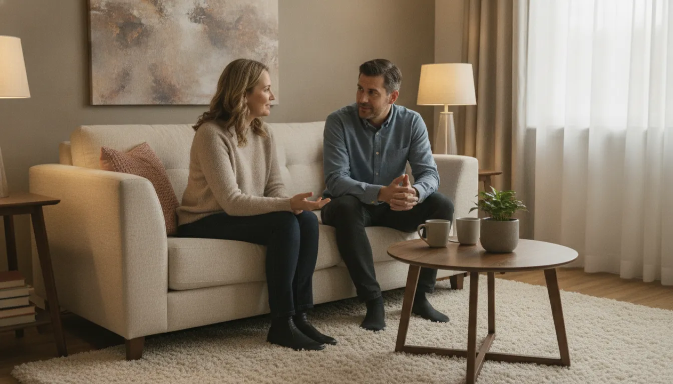 Couple sitting together on a couch in a warm therapy office, talking supportively