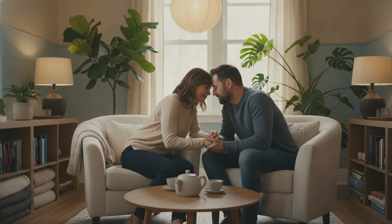 A couples therapist speaking with a couple reconnecting during therapy