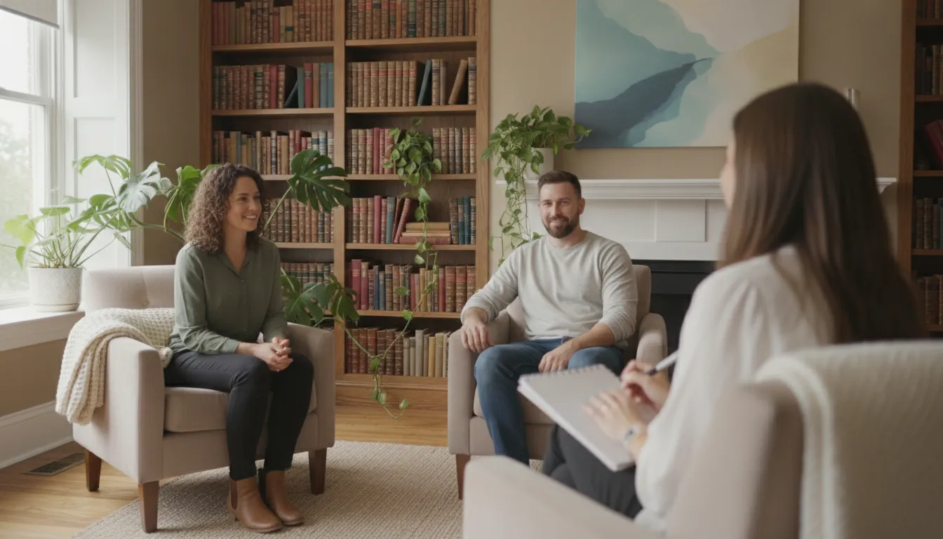 A therapist speaking warmly with a couple seated in a bright, calm therapy office