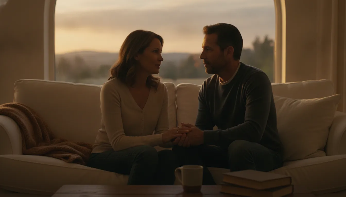 A couple sitting close together in a warm living room, engaged in a caring conversation