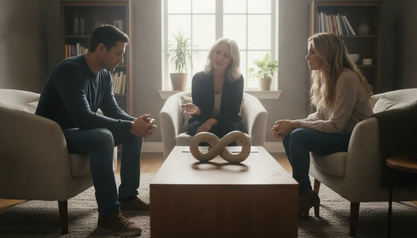 Two adults in a therapy session learning to build healthier boundaries in an enmeshed relationship