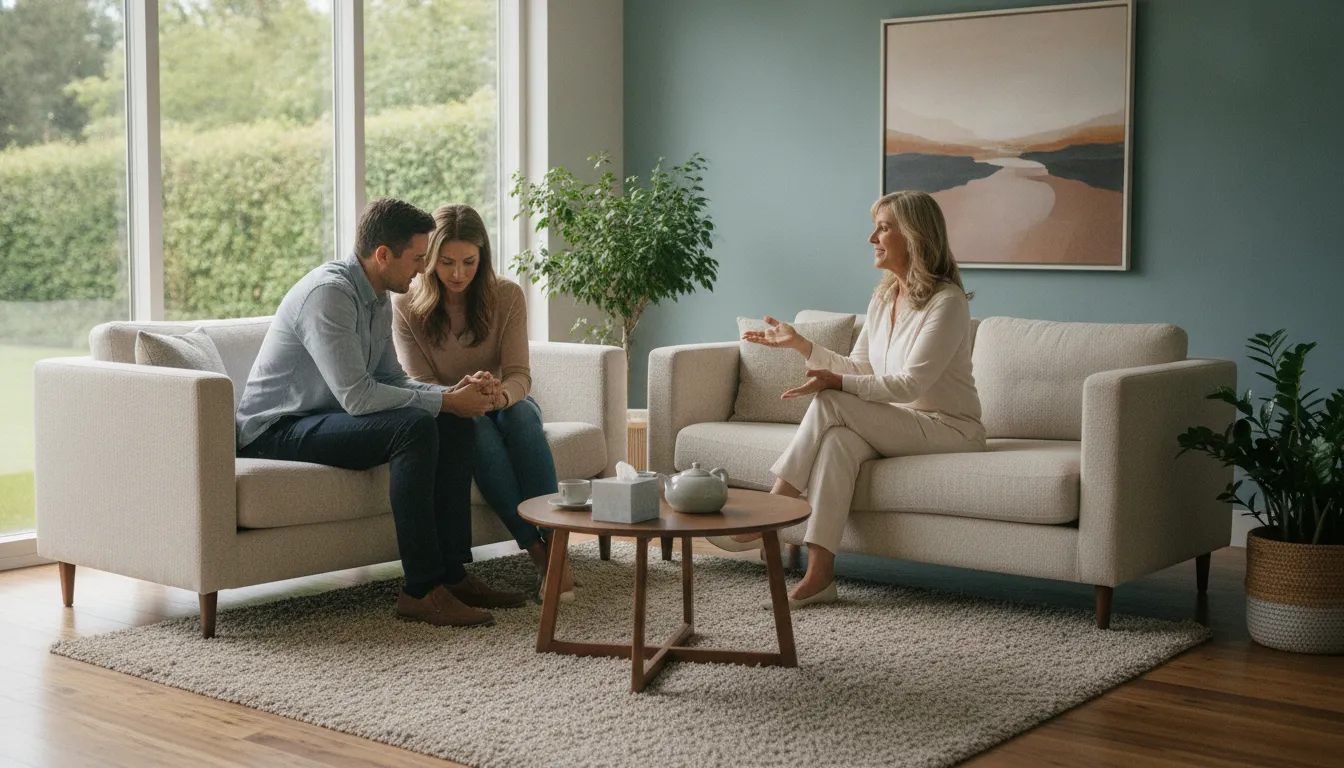A couples therapist sitting with a couple in a bright therapy office, talking together in a warm and hopeful atmosphere