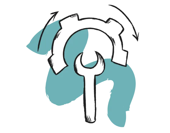 Symbol eines Zahnrads mit einem Schraubenschlüssel in der Mitte vor blauem Hintergrund.