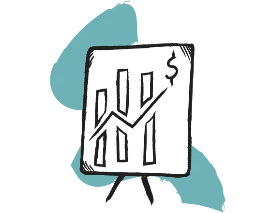 Handgezeichnetes Diagramm mit Balken und einem aufsteigenden Pfeil, der mit einem Dollarzeichen endet.