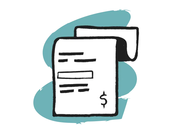 Illustration von zwei Dokumenten mit Textlinien und einem Dollarzeichen, vor einem blauen abstrakten Hintergrund.