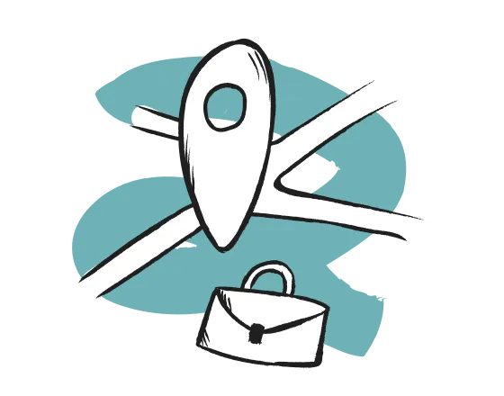 Standortmarkierung auf einer stilisierten Karte mit einer Aktentasche darunter.