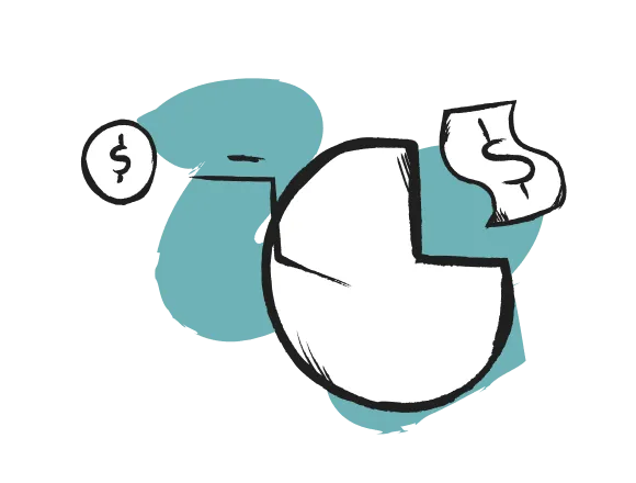 Handgezeichnetes Tortendiagramm mit Geldsymbolen auf blauem Hintergrund.