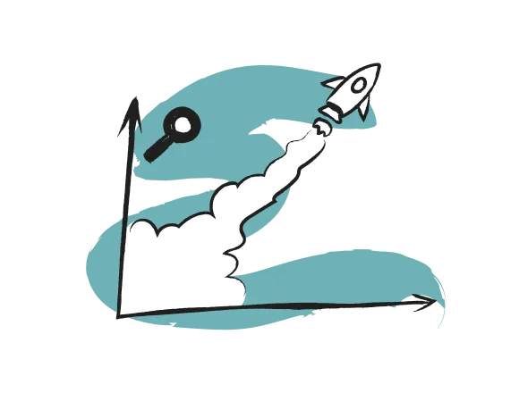 Diagramm mit steigender Kurve, eine Rakete startet nach oben und symbolisiert Wachstum und Erfolg.