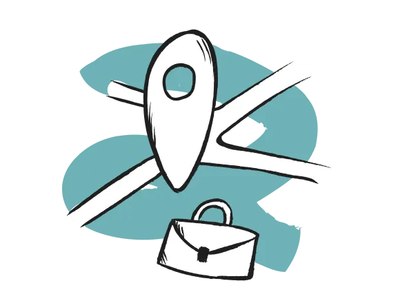 Symbol eines Standort-Pins über einem simplifizierten Straßenplan mit einer Aktentasche darunter auf blauem Hintergrund.