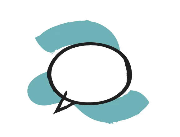 Sprechblase mit zwei blauen Pinselstrichen im Hintergrund.