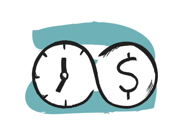 Strichzeichnung einer Uhr und eines Dollarsymbols vor blauem Hintergrund.