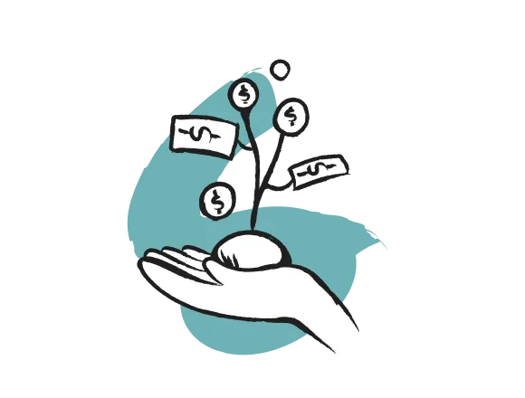 Hand, die einen kleinen Baum mit Geldscheinen und Münzen als Blätter hält, vor blauem Hintergrund.