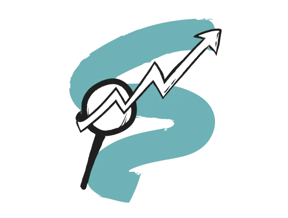 Lupe mit aufwärts gerichteter, gezackter Pfeilgrafik vor blauem Pinselstrich symbolisiert Wachstum oder Analyse.