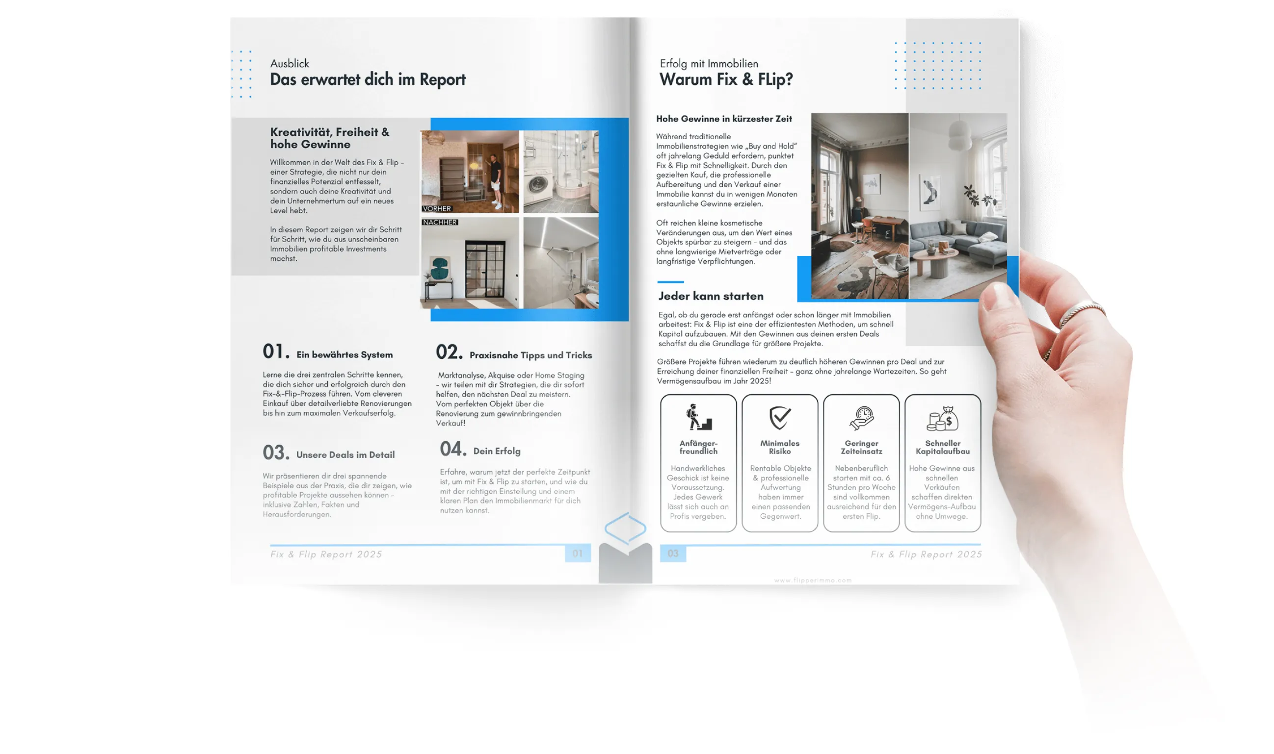 Aufgeschlagener Bericht mit dem Titel 'Das erwartet dich im Report' und 'Warum Fix & Flip?', inklusive Textabschnitten, Vorher-Nachher-Fotos von renovierten Räumen und Symbolen zu Anfängerfreundlichkeit, minimalem Risiko, geringem Zeiteinsatz und schnellem Kapitalaufbau, gehalten von einer Hand.