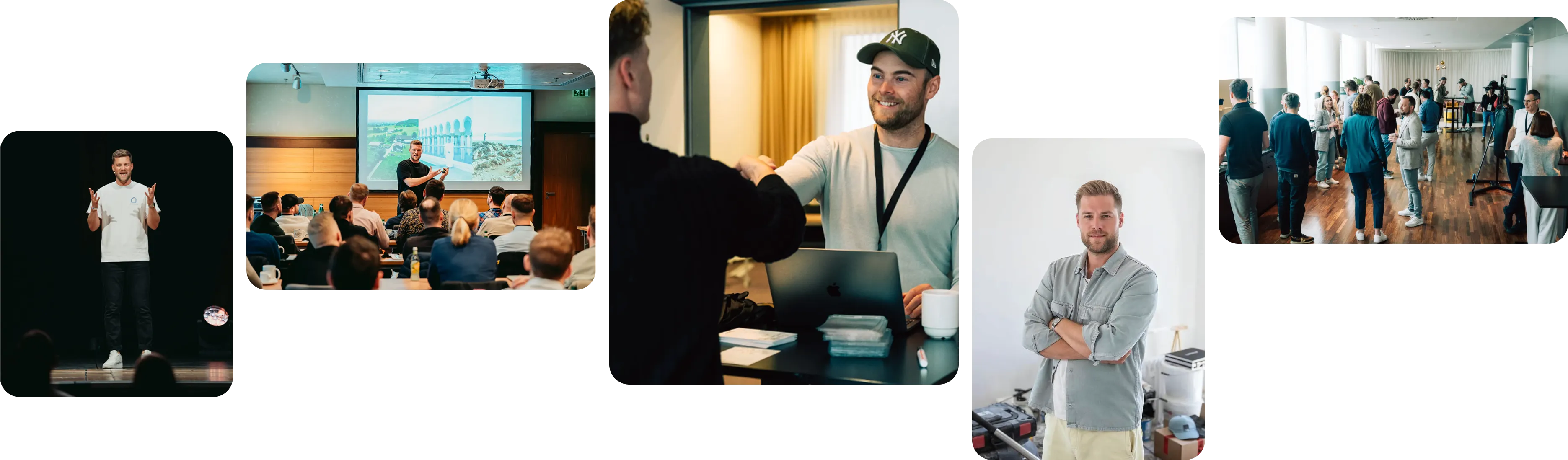 Mehrere Bilder zeigen eine professionelle Veranstaltung mit Menschen, die präsentieren, zuhören, sich die Hand geben und in einem Raum netzwerken.