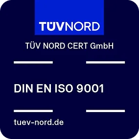 Logo der TÜV NORD CERT GmbH mit dem Text DIN EN ISO 9001 und der Website tuev-nord.de auf dunklem Hintergrund.