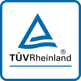 Logo von TÜV Rheinland, einem blauen Dreieck mit einer geschwungenen Linie darüber und dem Text TÜV Rheinland darunter.