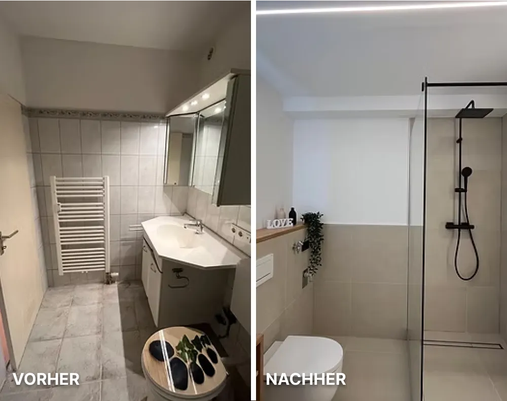 Modernes Badezimmer mit hellen Fliesen, einer begehbaren Dusche mit Glaswand, schwarzer Armatur und ovalem Waschbecken auf Holzarbeitsplatte.