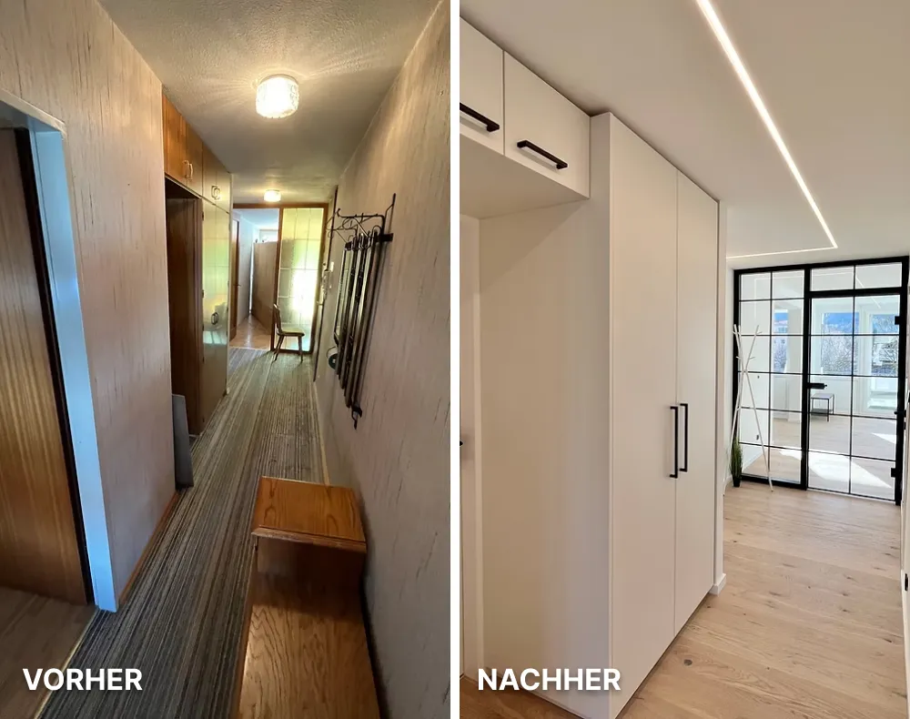 Modernes Badezimmer mit hellen Fliesen, einer begehbaren Dusche mit Glaswand, schwarzer Armatur und ovalem Waschbecken auf Holzarbeitsplatte.