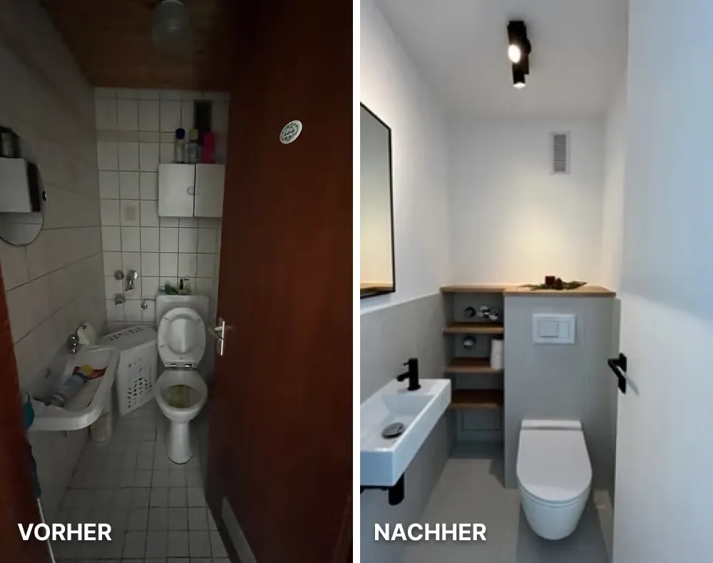 Terrasse mit einer grünen Wand, zwei Türen, einem Fenster und einer hellen Holzecke mit Tisch und Stühlen neben einem grünen Regentonne.