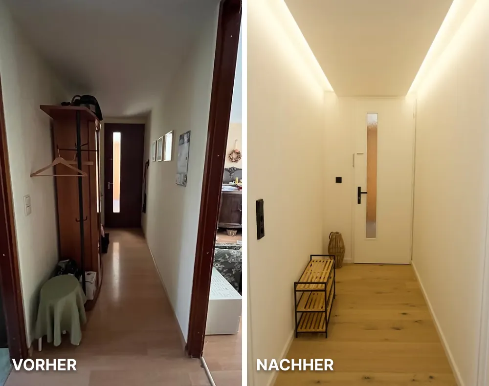 Terrasse mit einer grünen Wand, zwei Türen, einem Fenster und einer hellen Holzecke mit Tisch und Stühlen neben einem grünen Regentonne.