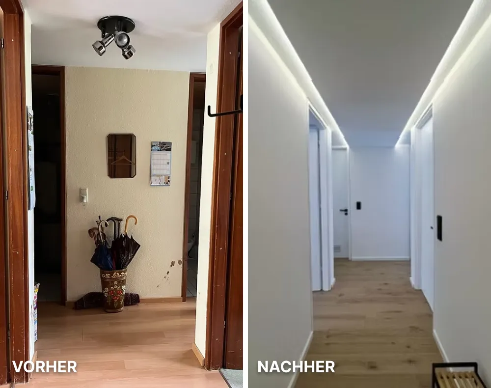 Terrasse mit einer grünen Wand, zwei Türen, einem Fenster und einer hellen Holzecke mit Tisch und Stühlen neben einem grünen Regentonne.