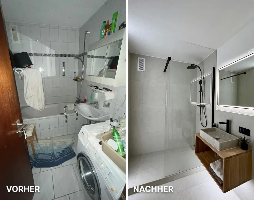 Terrasse mit einer grünen Wand, zwei Türen, einem Fenster und einer hellen Holzecke mit Tisch und Stühlen neben einem grünen Regentonne.