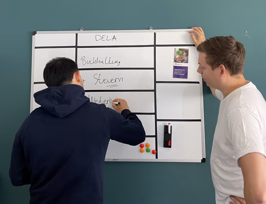 Zwei Männer stehen vor einem Whiteboard mit auf Deutsch beschrifteten Abschnitten, einer schreibt mit einem Marker und der andere beobachtet.