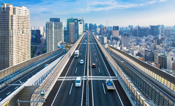 Aerial view of bi-directional traffic flow at intersection