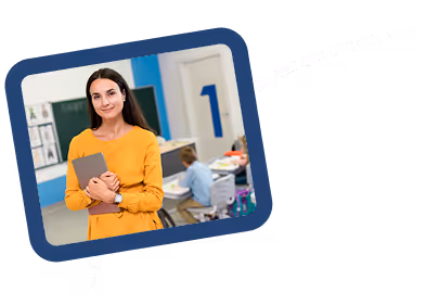 A young woman with long dark hair wearing a bright yellow/mustard colored long-sleeve top stands smiling in what appears to be a classroom or educational setting, holding a tablet or folder. The background shows desks and a bright, modern learning environment. The image is framed with a decorative blue border with a dotted path design.