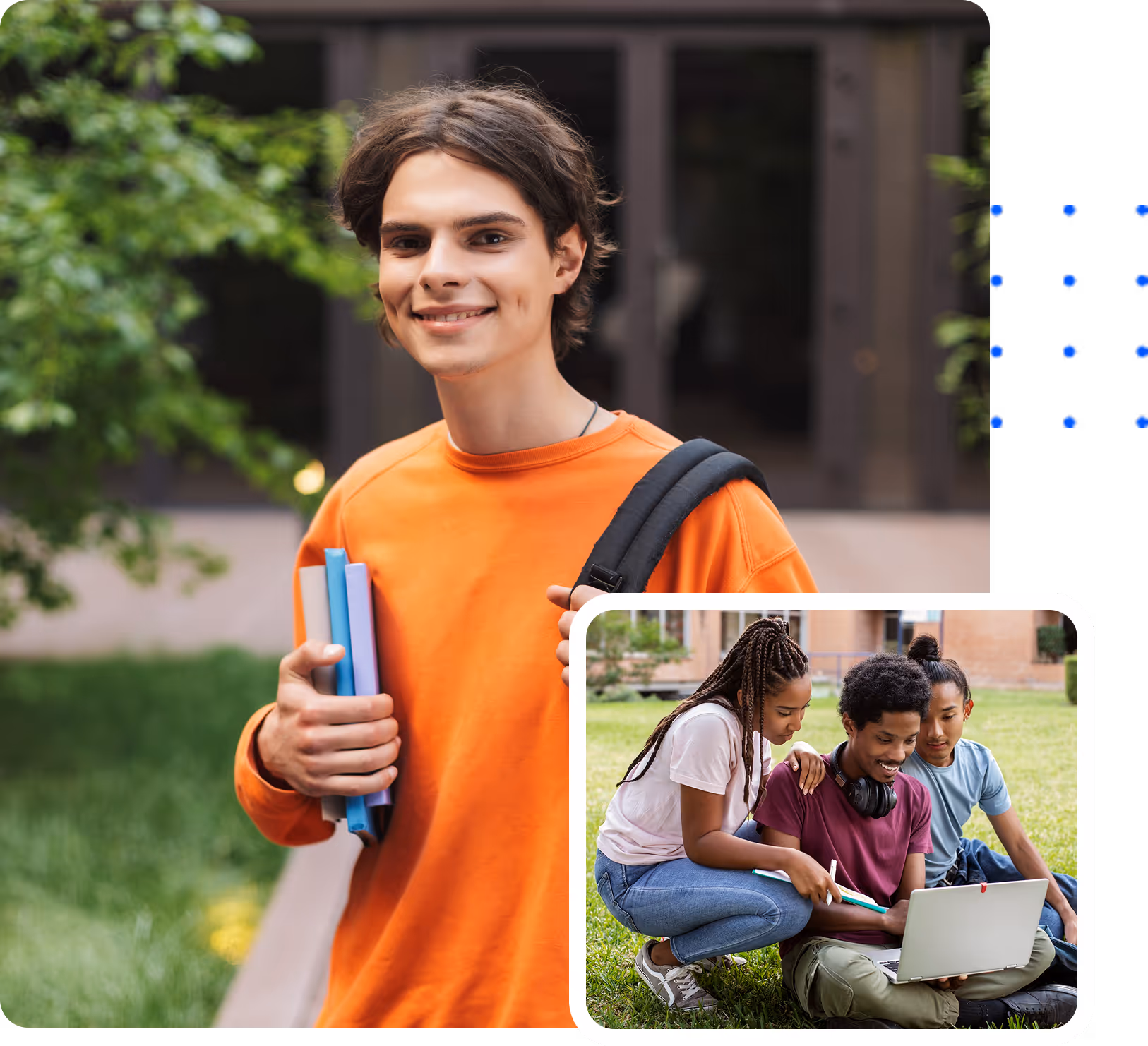**Alt text:** “Smiling student wearing an orange sweatshirt, holding books and a backpack outdoors on a campus, with a smaller inset image of three students sitting on grass and working together on a laptop.”