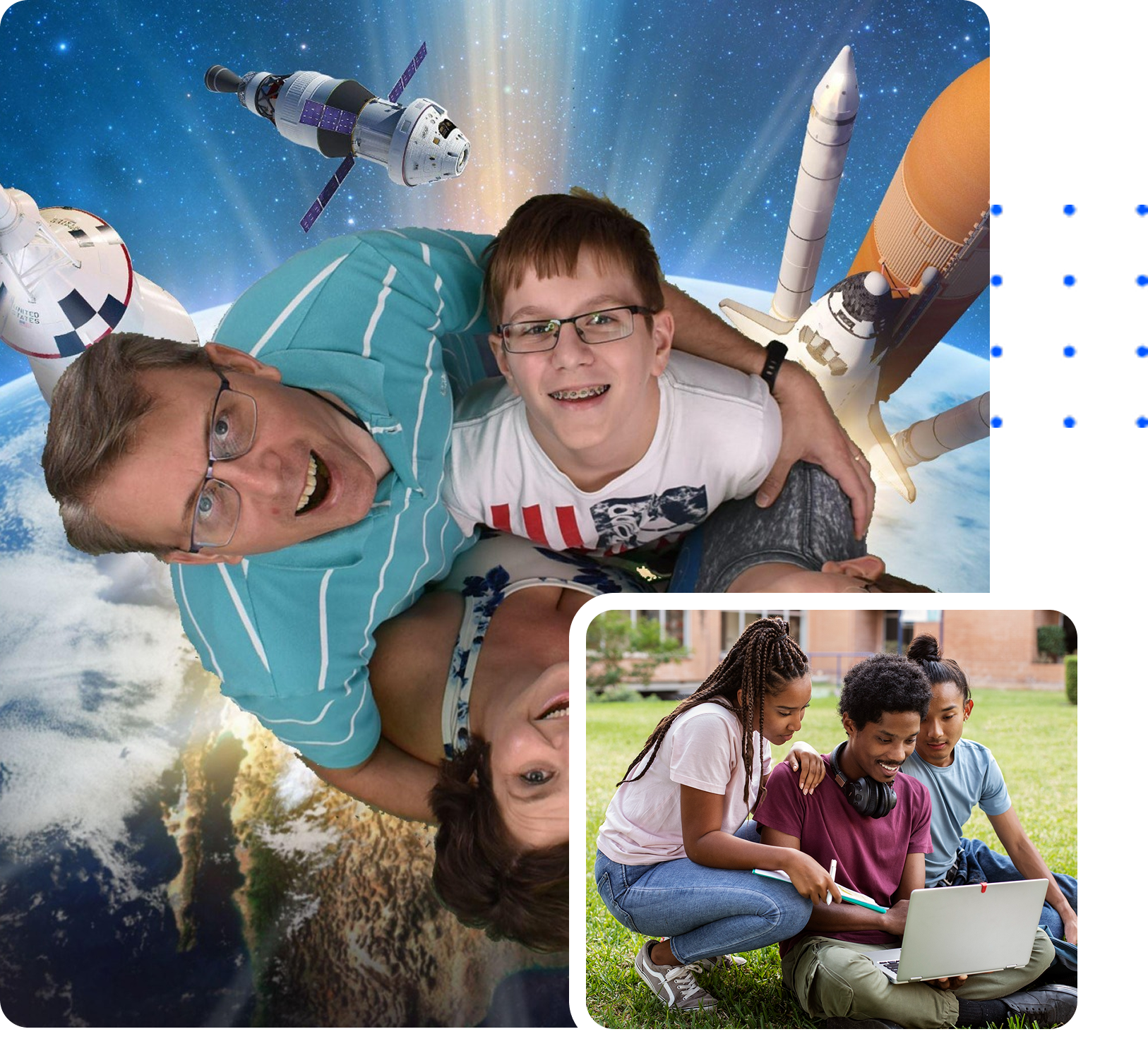 alt text: Three smiling high school students hold notebooks and pose together in front of a dark blue background featuring white line drawings of a graduation cap, a planet, a paper airplane, and a sun with a dollar sign, illustrating the theme of education and future career planning.