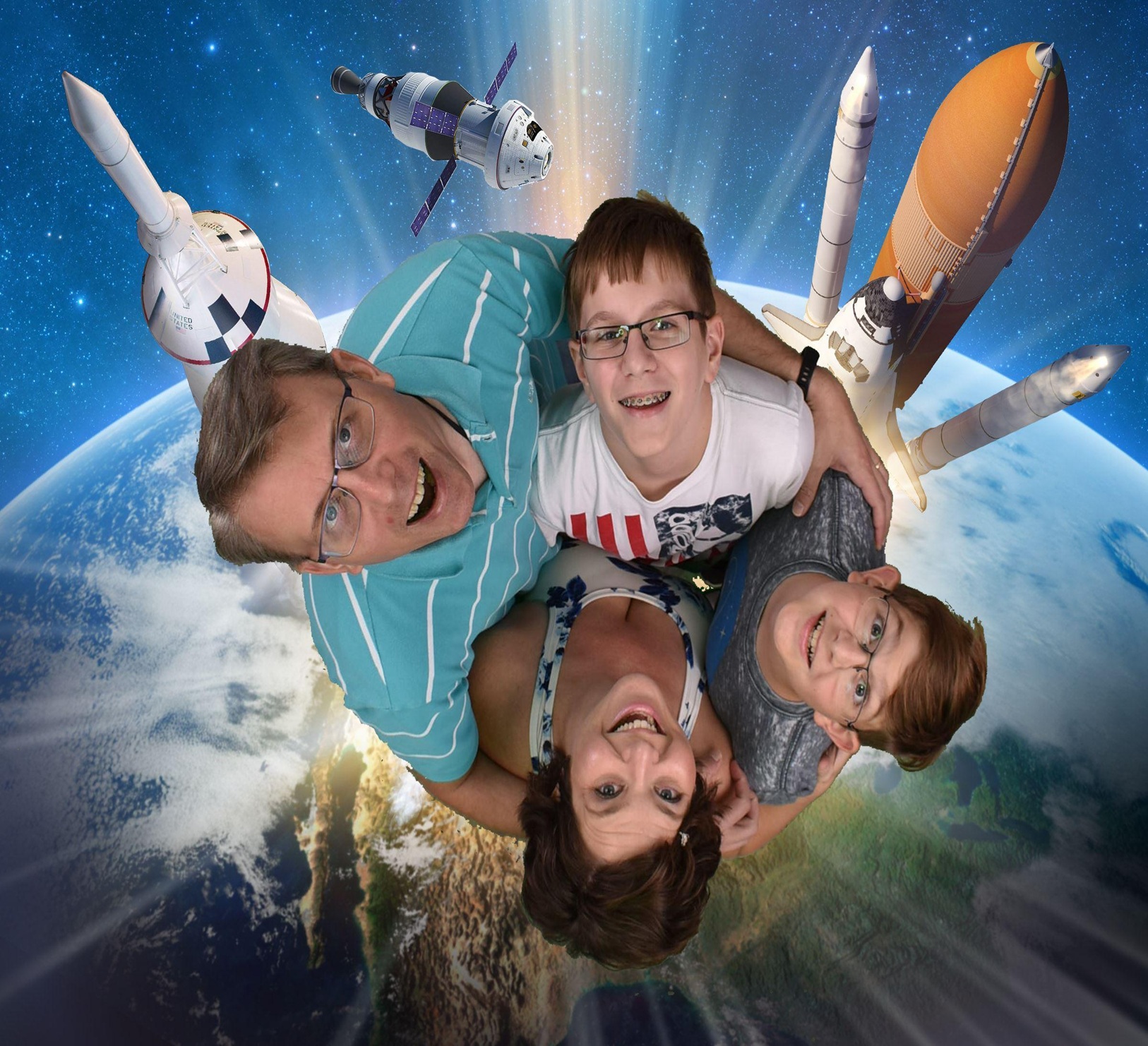 alt text: Three smiling high school students hold notebooks and pose together in front of a dark blue background featuring white line drawings of a graduation cap, a planet, a paper airplane, and a sun with a dollar sign, illustrating the theme of education and future career planning.