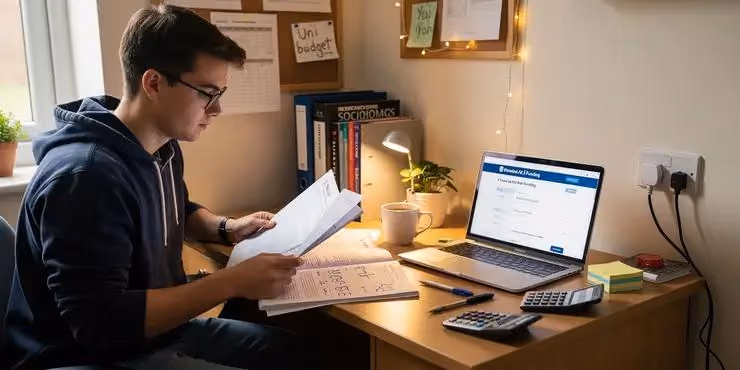High school student reviewing financial aid documents and planning college expenses at a desk with a laptop and calculator.