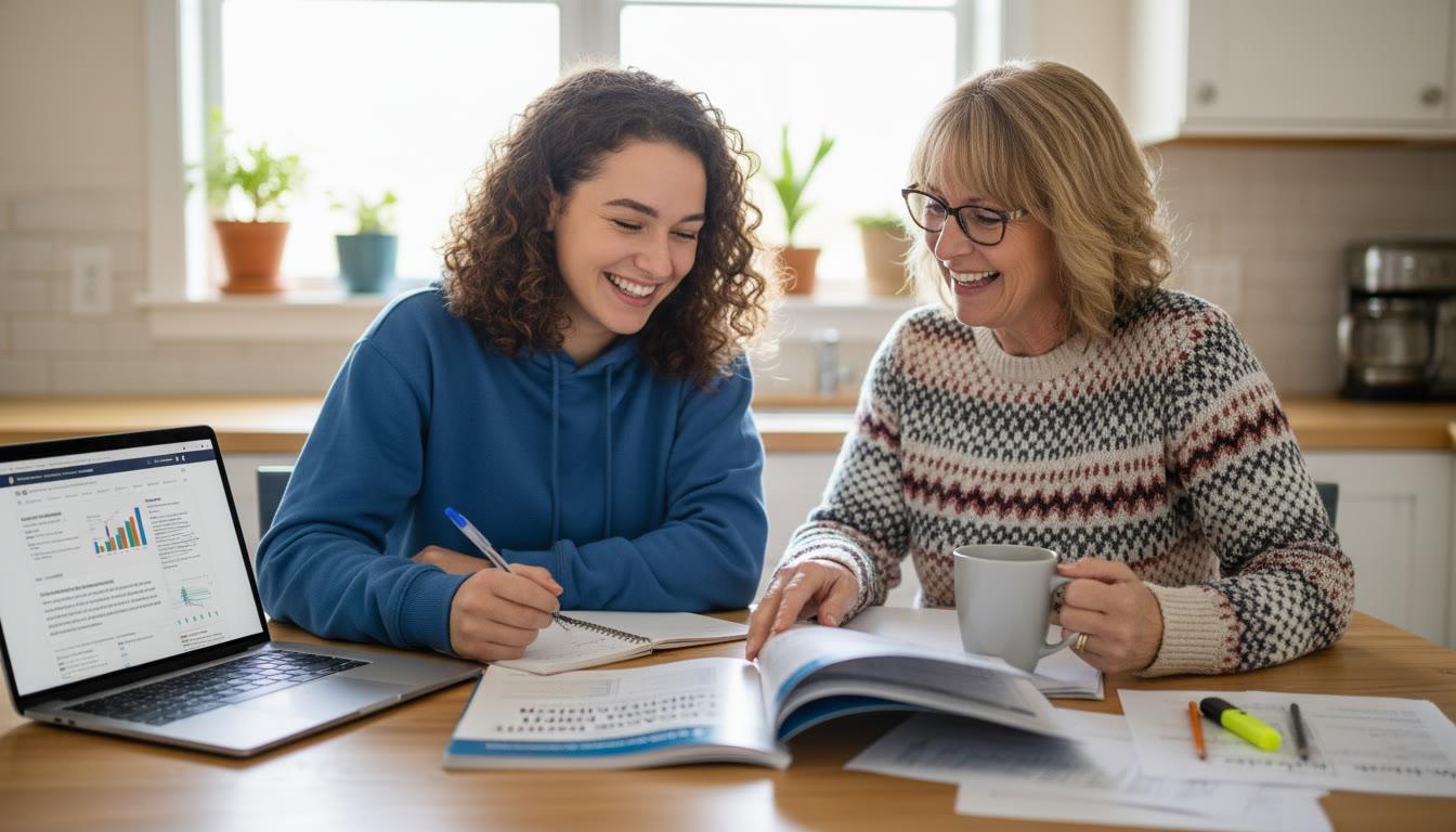 Parent and teenager reviewing college information