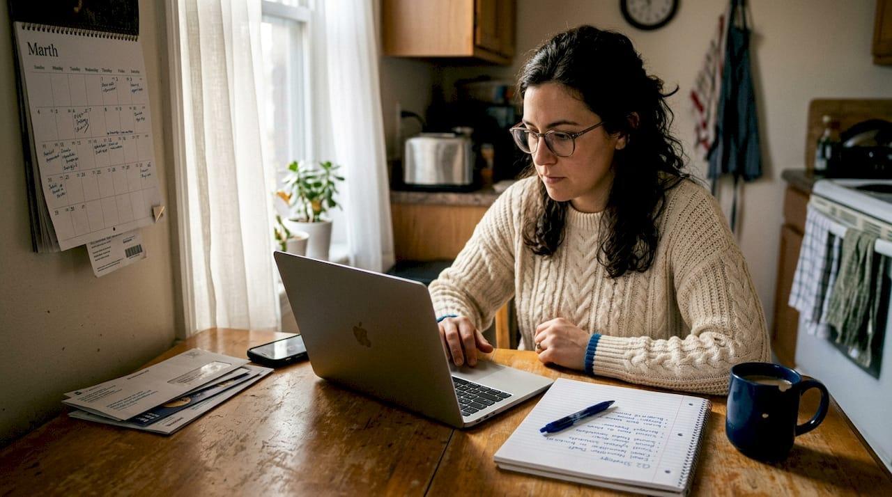 A female looking at here laptop with a notebook next to her.