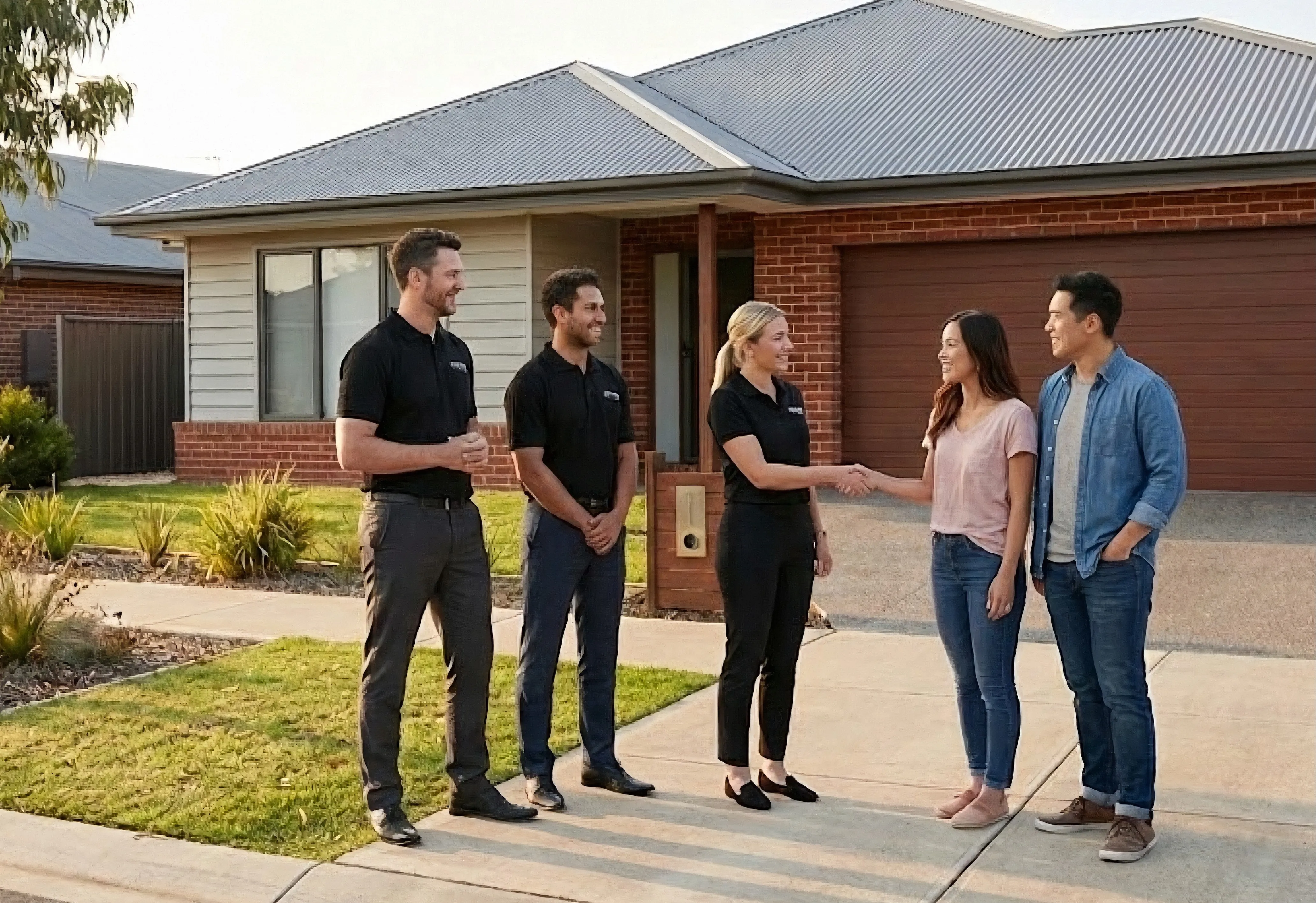 Nexus team meeting homeowners outside a brick house