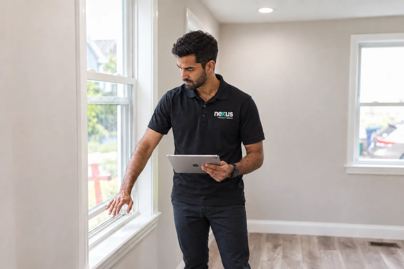 Nexus team member inspecting a room with a tablet