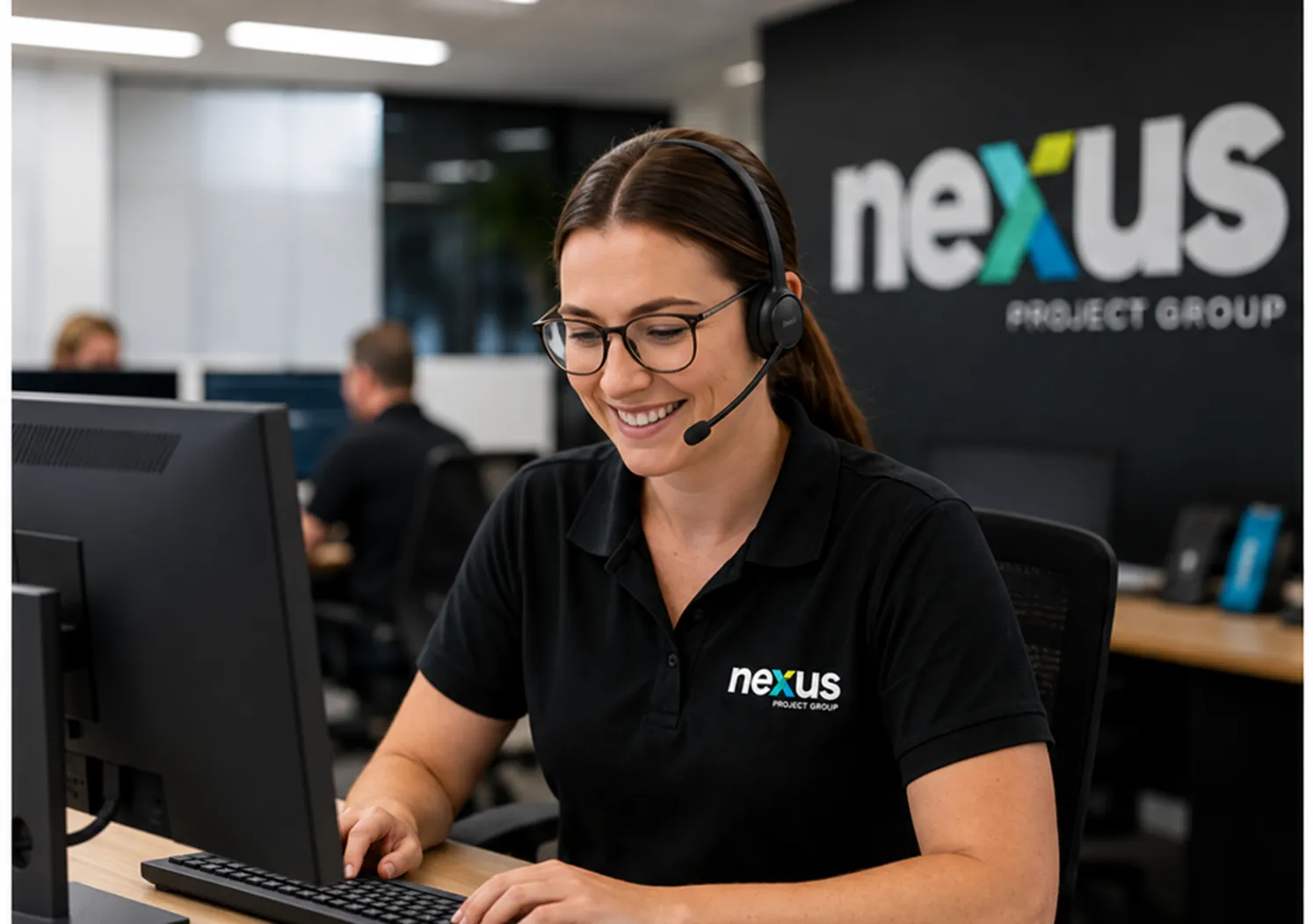 Nexus case manager wearing a headset at her desk