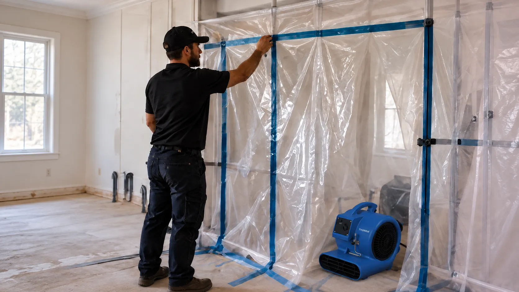 A man in black shirt and dark pants installs a plastic sheet barrier sealed with blue tape inside an empty room with a window, next to a blue industrial air blower machine.