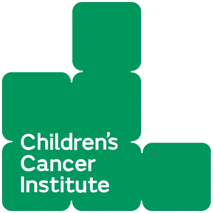 Children's Cancer Institute logo with green geometric blocks and white text.