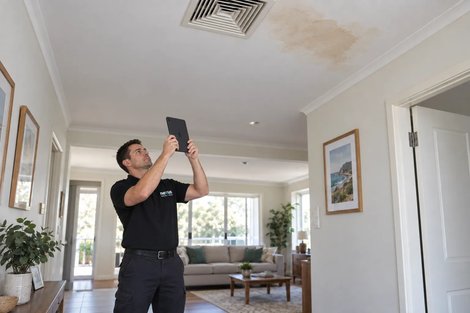 Estimator photographing water damage on a ceiling with a tablet
