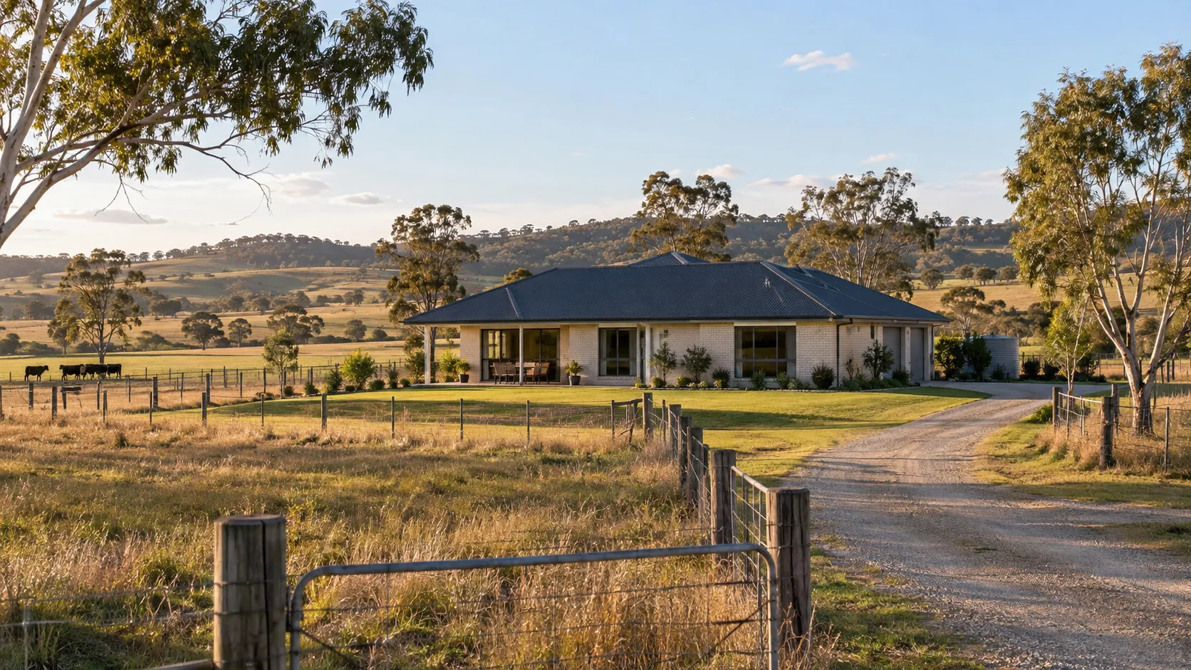 Rural Australian home with a verandah at the end of a gravel driveway