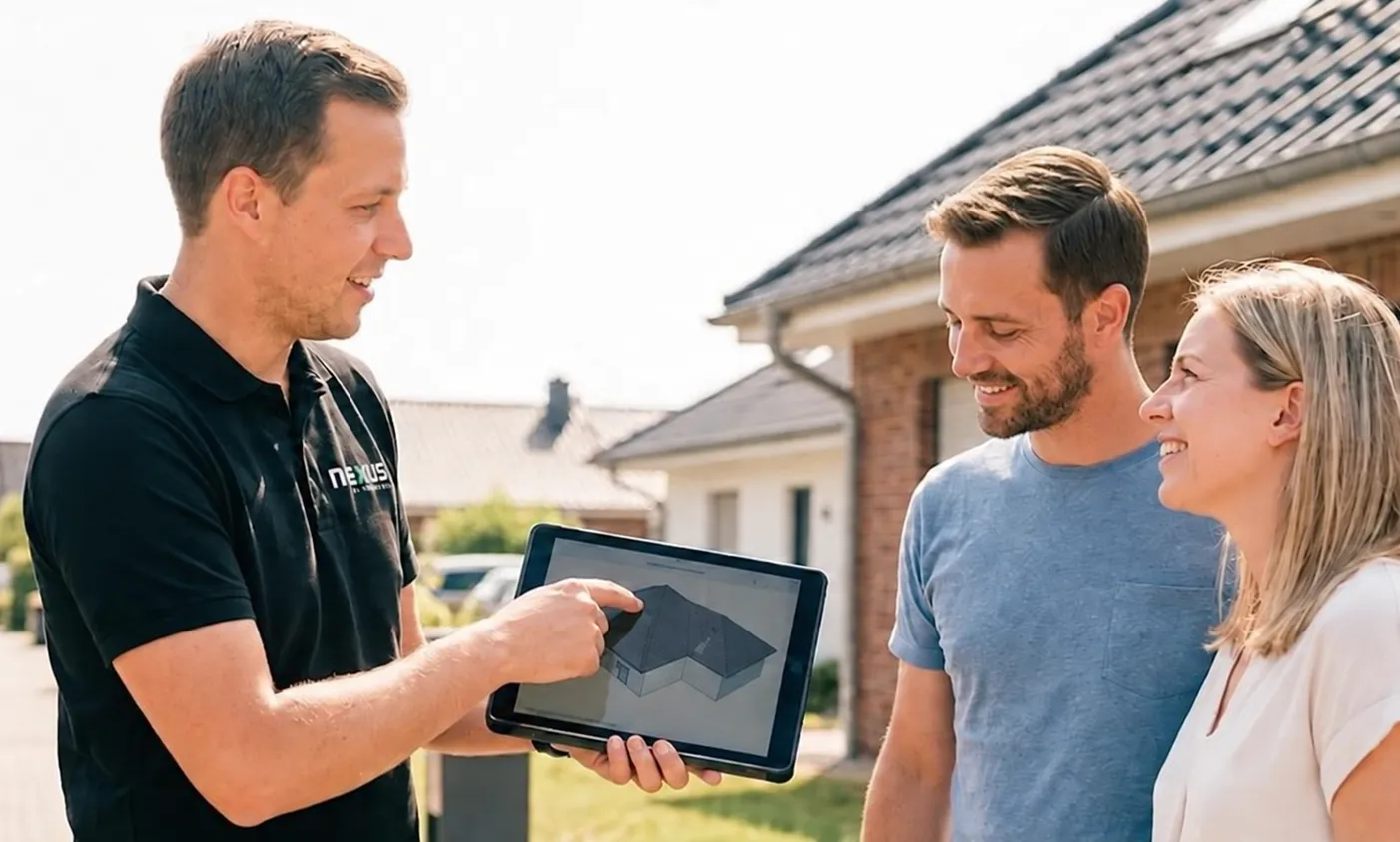 Nexus estimator showing a homeowner couple a tablet outside their house