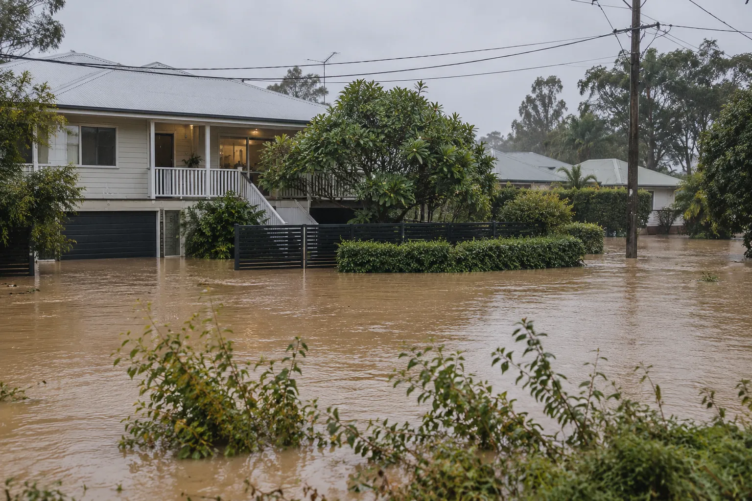 Floodwater surrounding a raised Queensland home