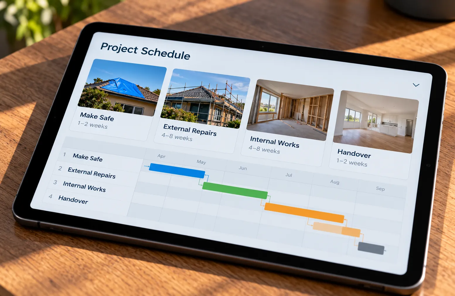 Tablet showing a repair project schedule with photos and a colour-coded timeline